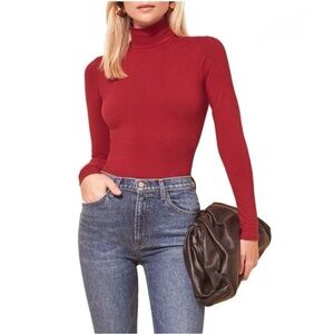 Reformation JEANS 'Navia' Turtleneck Bodysuit in RED